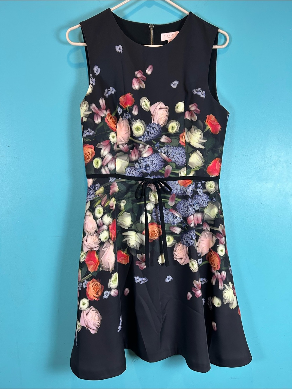 Ted Baker Black Floral Fit-and-Flare Dress with Ribbon Waist